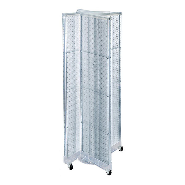 A clear, four-sided pinwheel pegboard mobile floor display made of high-impact styrene with caster wheels.