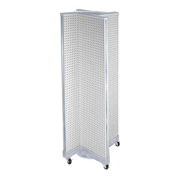 A white four-sided pinwheel pegboard mobile floor display made of high-impact styrene with casters for mobility.