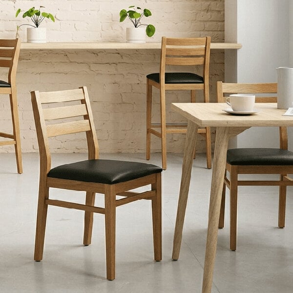 A natural beech wood ladder back dining chair with a black faux leather seat.