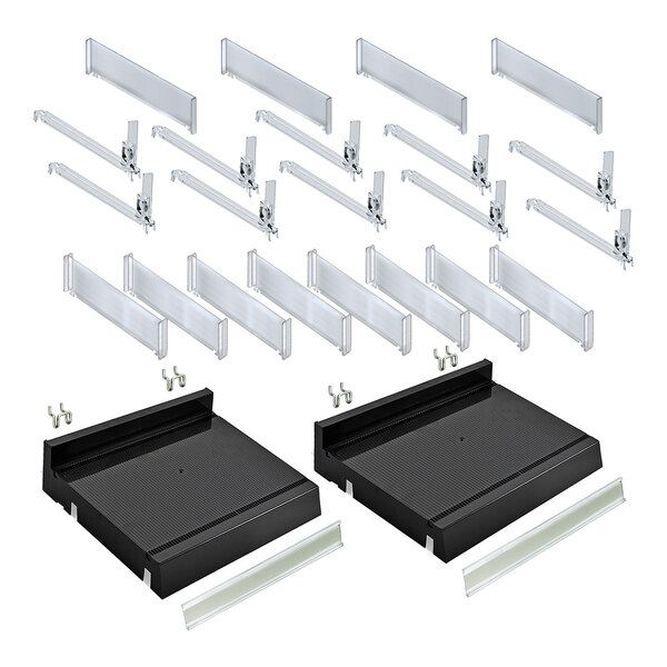 A two-piece black adjustable tall divider bin cosmetic tray set with multiple clear dividers and mounting hardware.