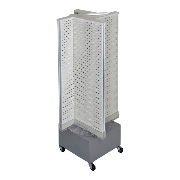 A white four-sided pinwheel pegboard mobile spinner floor display on wheels.