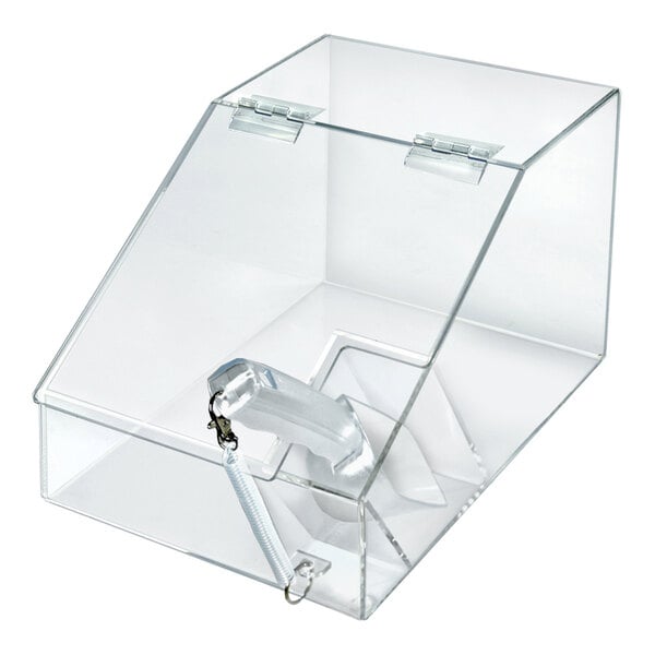 A clear acrylic bulk bin with a scoop, designed for dispensing dry goods.