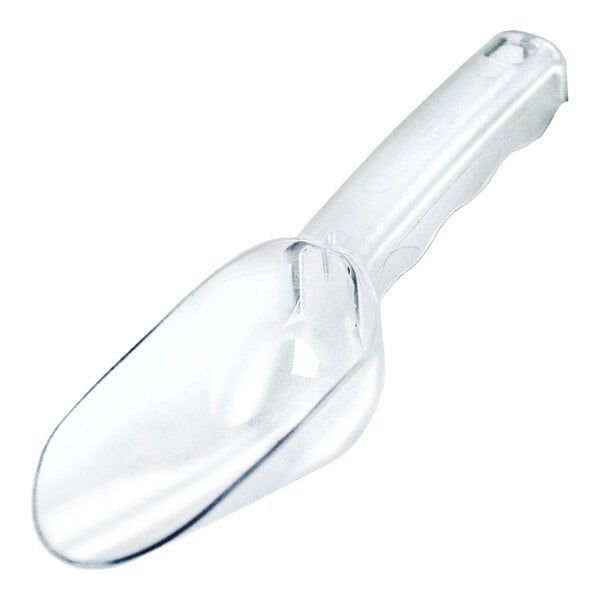 A clear acrylic scoop designed for use with bulk bins.