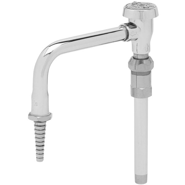 A silver T&S laboratory faucet swing nozzle with a serrated tip and vacuum breaker.