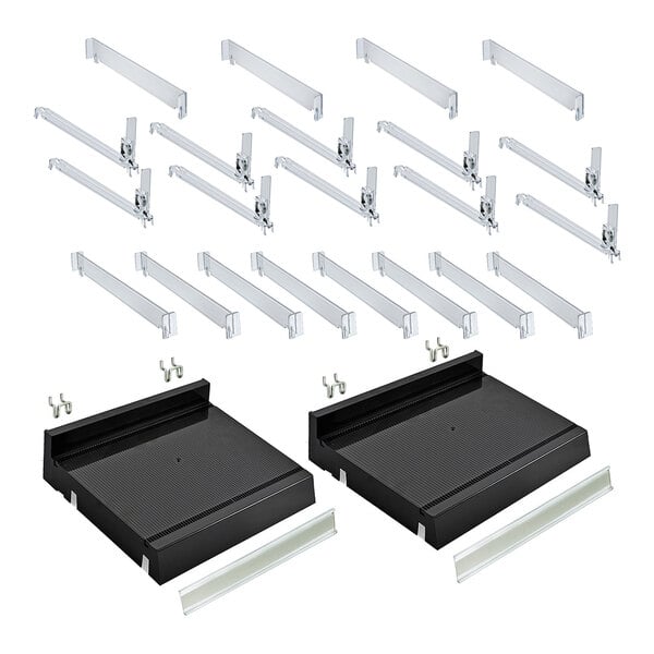 A two-piece set of black adjustable short divider bin cosmetic trays with multiple clear dividers and hardware.