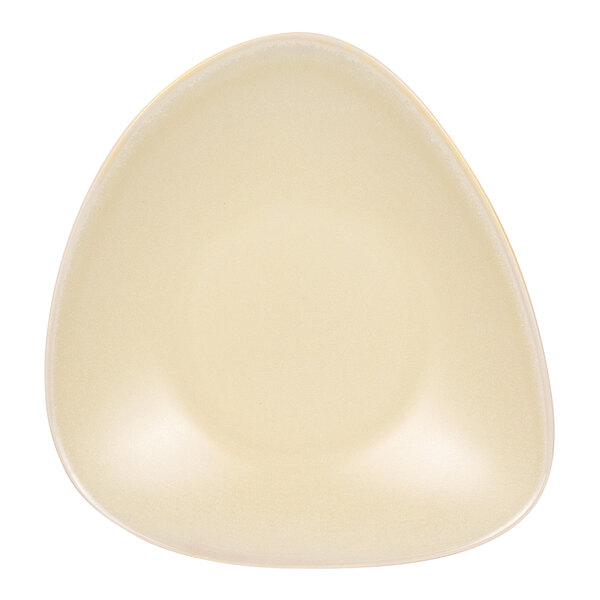A lemon-colored, triangular stoneware serving bowl with a 32 oz. capacity.