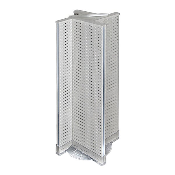 A white, four-sided pinwheel pegboard spinner floor display made of high-impact styrene.