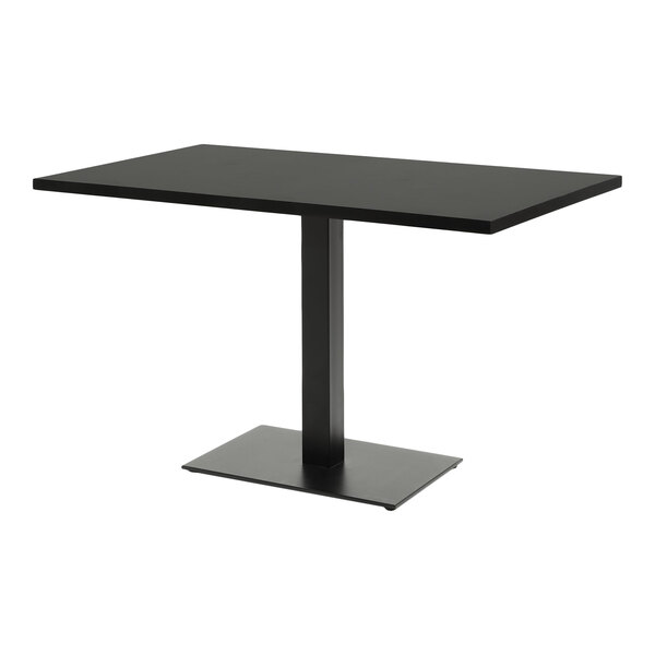 A rectangular black table with a high-pressure laminate MDF top and a single central pedestal base.