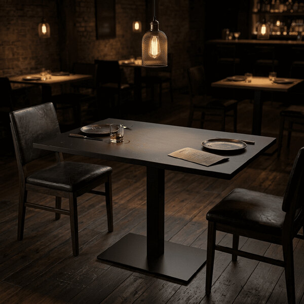 A rectangular black high-pressure laminate MDF table top set for two in a dimly lit restaurant.