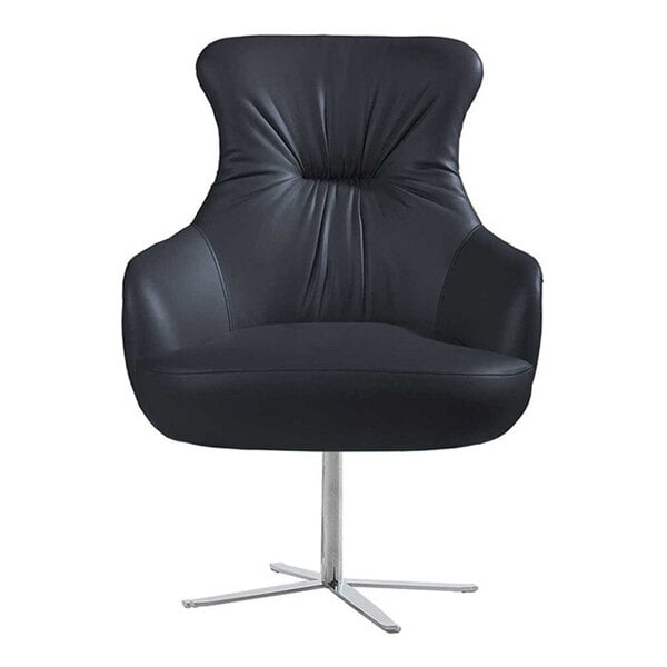 A black faux leather executive chair with a steel swivel base.