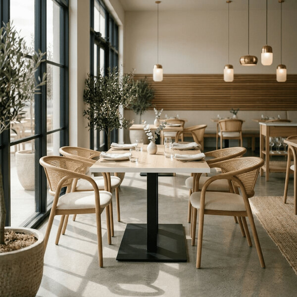 A rectangular high-pressure laminate MDF table top with a light oak finish, set in a modern dining area.