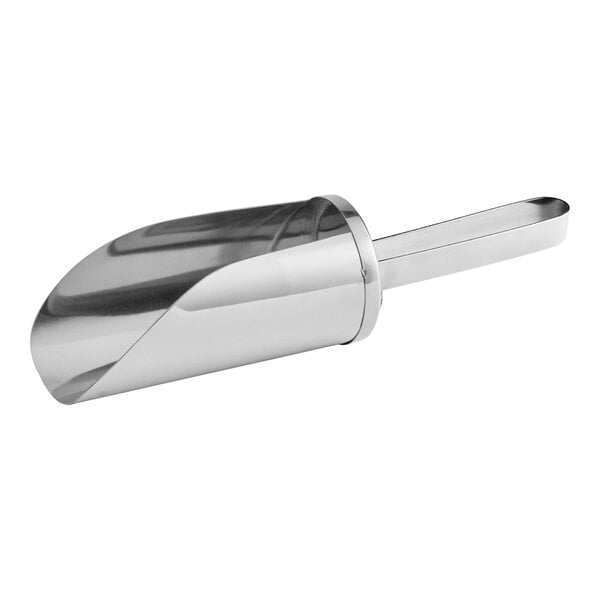 A shiny metal scoop with a rounded body and a flat handle.