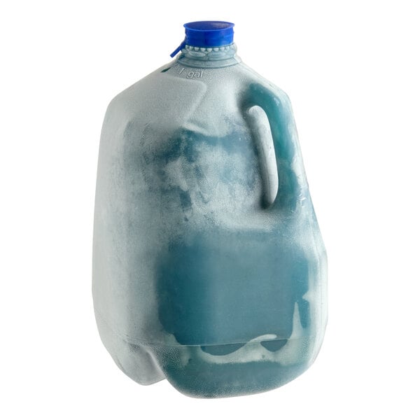A frosty, semi-transparent plastic jug with a blue cap, containing a blue liquid and showing condensation or frost on the exterior.