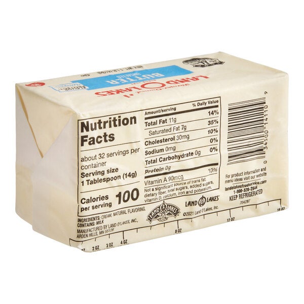 A one-pound package of Land O Lakes unsalted Grade A butter.