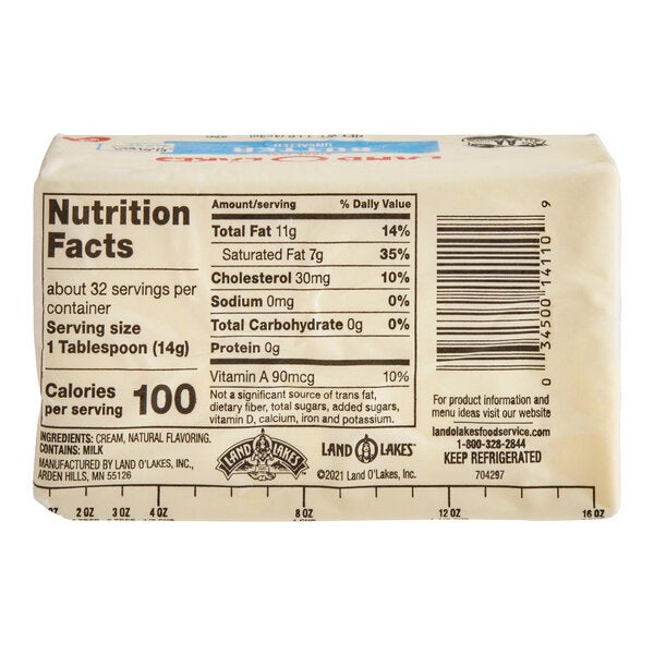 A 1-pound package of Land O Lakes Unsalted Grade A Butter with nutrition facts and ingredient information on the label.