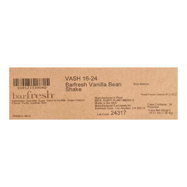 A case label for Barfresh Vanilla Bean Shake packs, indicating 24 pouches per case.