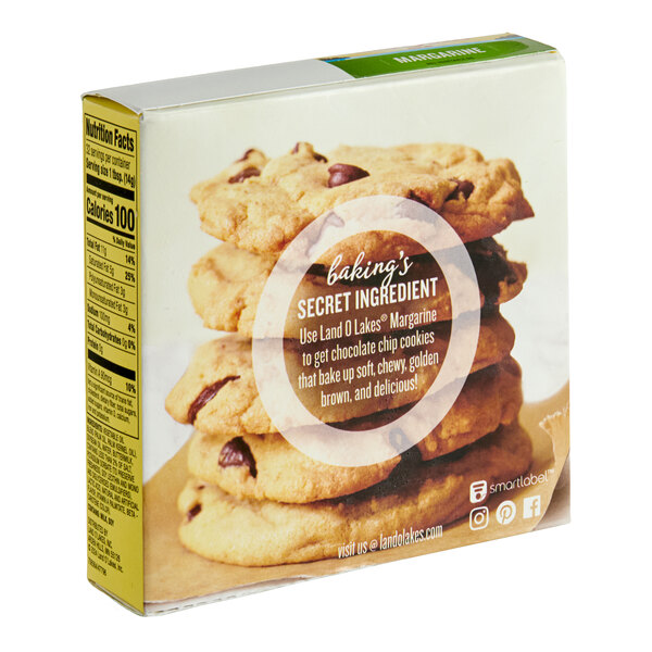 A box of Land O Lakes Margarine Sticks featuring an image of chocolate chip cookies on the packaging.