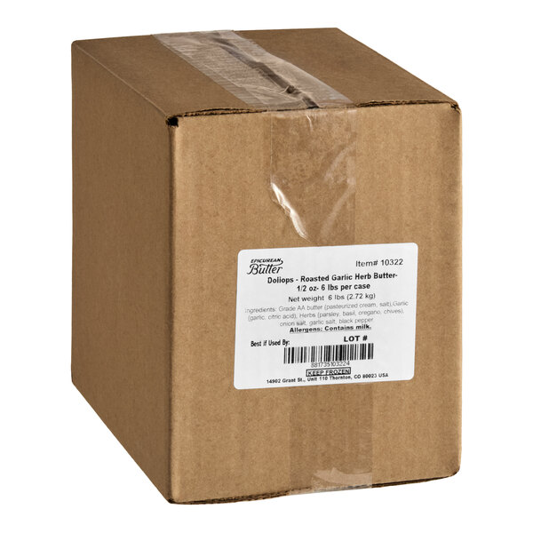 A cardboard box containing Epicurean Butter Roasted Garlic Herb European-Style Butter Dollops, 0.5 oz. each, 172 per case.