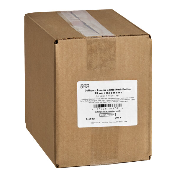 A cardboard box containing Epicurean Butter Lemon Garlic Herb European-Style Butter Dollops, 0.5 oz. each, 172 per case.