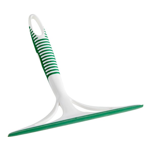 A white and green window or shower squeegee with an 8-inch blade and a hanging loop on the handle.