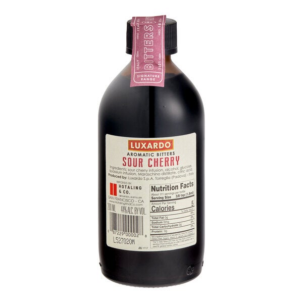 A 200 mL bottle of Luxardo Sour Cherry Aromatic Cocktail Bitters.