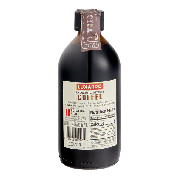 A 200 mL bottle of Luxardo Coffee Aromatic Cocktail Bitters.