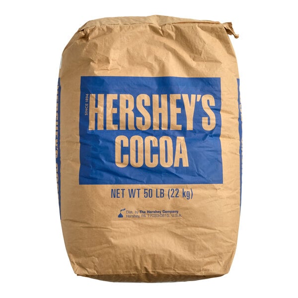 A large 50-pound brown paper bag of HERSHEY'S Dutch Cocoa Powder.