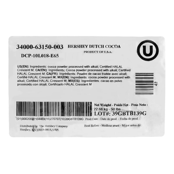 A 50 lb. package of HERSHEY'S Dutch Cocoa Powder with product and ingredient information on the label.