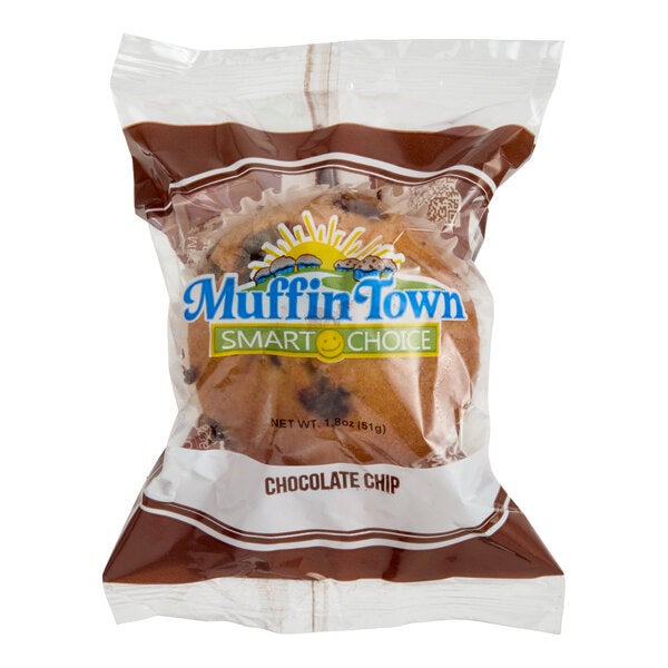 A single-serving chocolate chip muffin from Muffin Town, individually wrapped in clear and brown packaging.