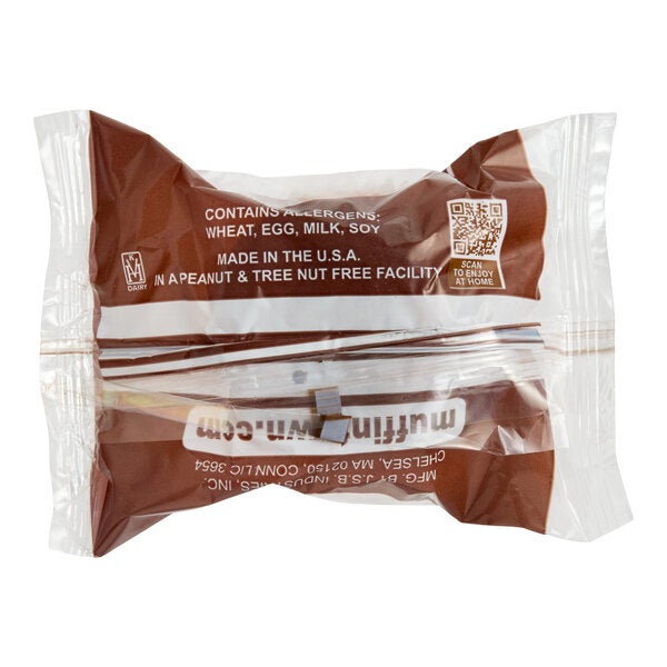 An individually wrapped chocolate chip muffin in a brown and clear plastic package.