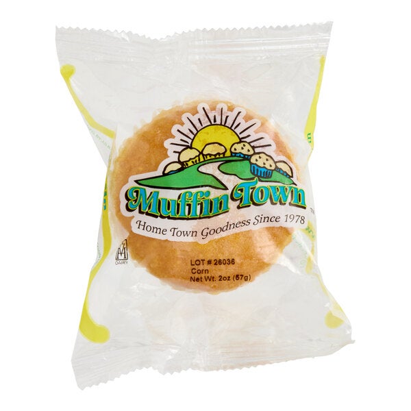 A single Muffin Town corn muffin individually wrapped in clear packaging.