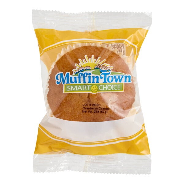 A packaged Muffin Town Smart Choice cranberry orange muffin.