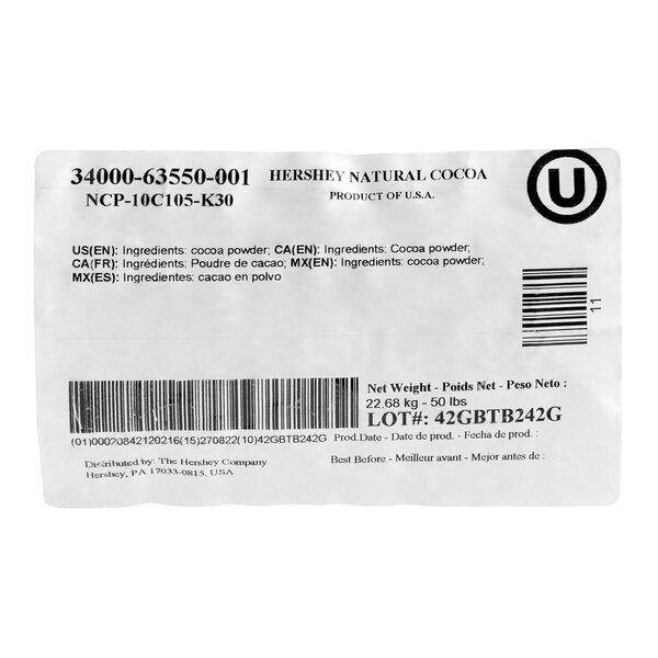 A 50 lb. bag of HERSHEY'S Natural Cocoa Powder with a product label displaying ingredients and lot information.