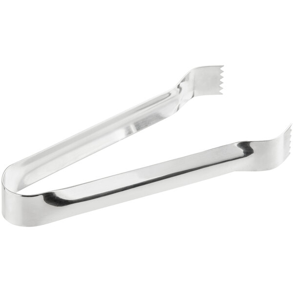 A pair of stainless steel tongs with flat, serrated ends.
