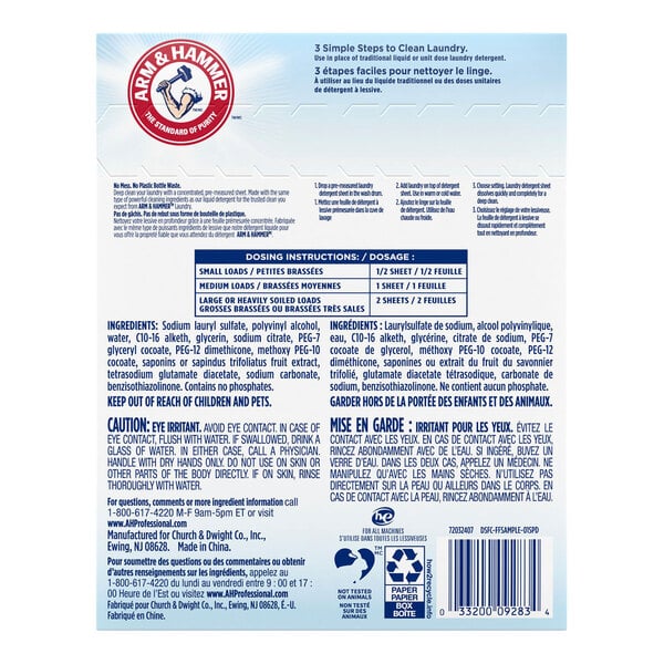 A box of Arm & Hammer fragrance-free liquidless laundry detergent sheets.