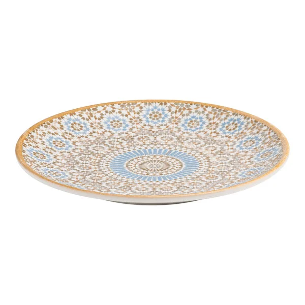 A round porcelain plate with a blue and orange radial geometric design.