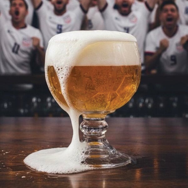 A large, 21 oz. schooner glass shaped like a soccer ball, filled with beer and overflowing with foam, placed on a wooden surface.