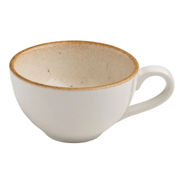 A round white porcelain cup with a tan rim and handle.