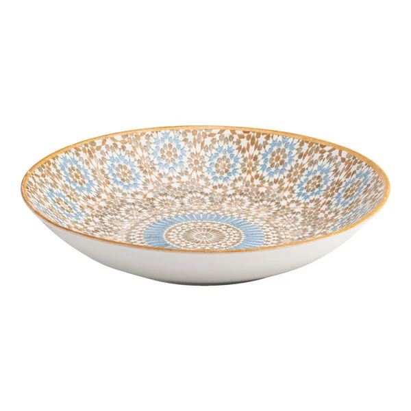 A round porcelain deep coupe plate featuring a blue and orange radial geometric design.