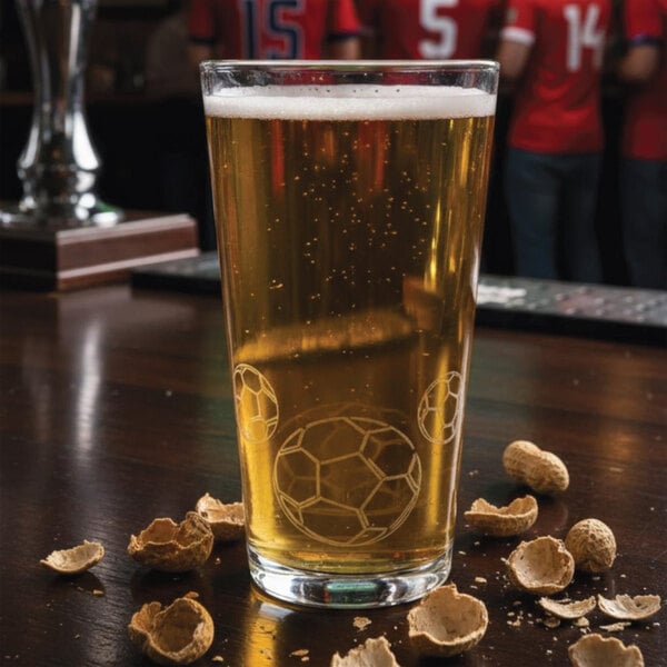 A 16 oz. pint glass with soccer ball designs etched on the side, filled with beer and surrounded by peanut shells.