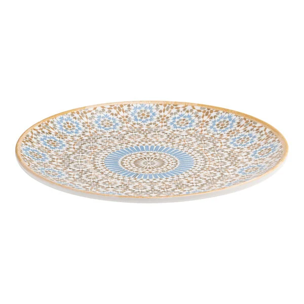 A round porcelain flat coupe plate with a blue and orange radial geometric design.