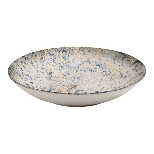 A round blue and white porcelain flat coupe deep plate with tan accents and an organic foliate design.