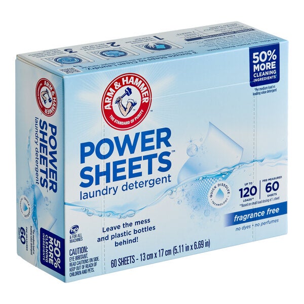 A box of Arm & Hammer Power Sheets fragrance-free liquidless laundry detergent sheets.