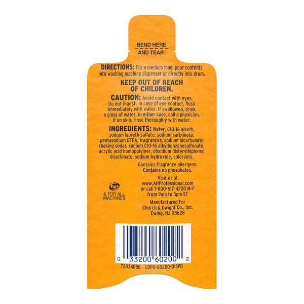 A single-use packet of Arm & Hammer Clean Burst liquid laundry detergent.