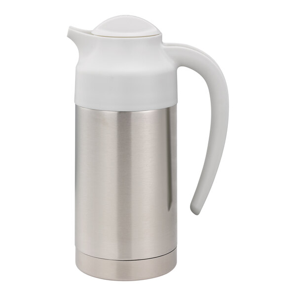 A stainless steel insulated creamer with a white lid and handle.