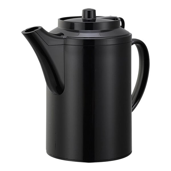 A black double wall plastic teapot with a tethered lid and handle.