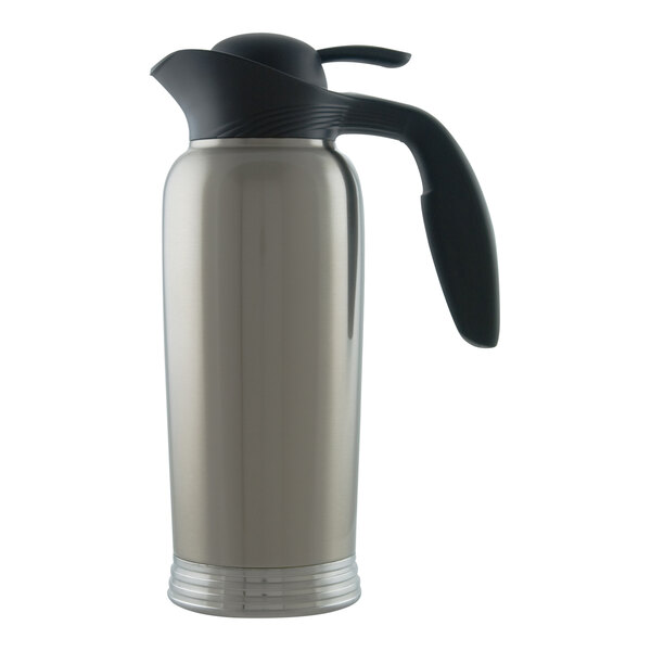 A brushed stainless steel insulated creamer with a black lid and handle.