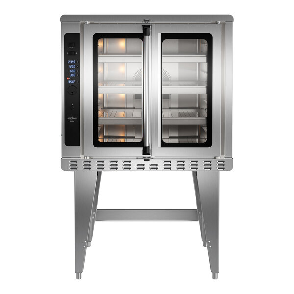 A stainless steel commercial electric convection oven with digital controls and four shelves.