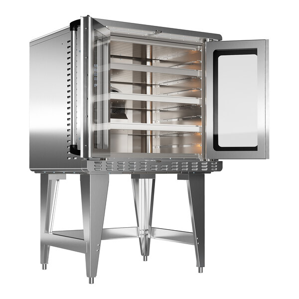 An industrial stainless steel convection oven with four shelves, a glass door, and digital controls, mounted on a metal stand.