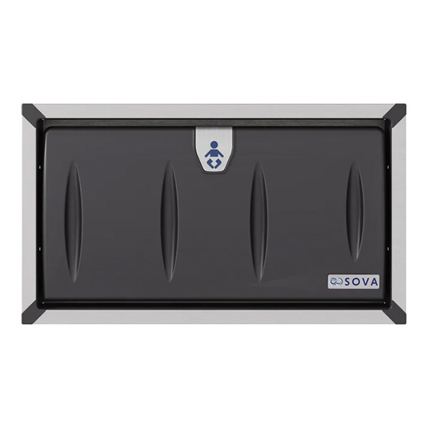 A black recessed horizontal baby changing station with a stainless steel frame.
